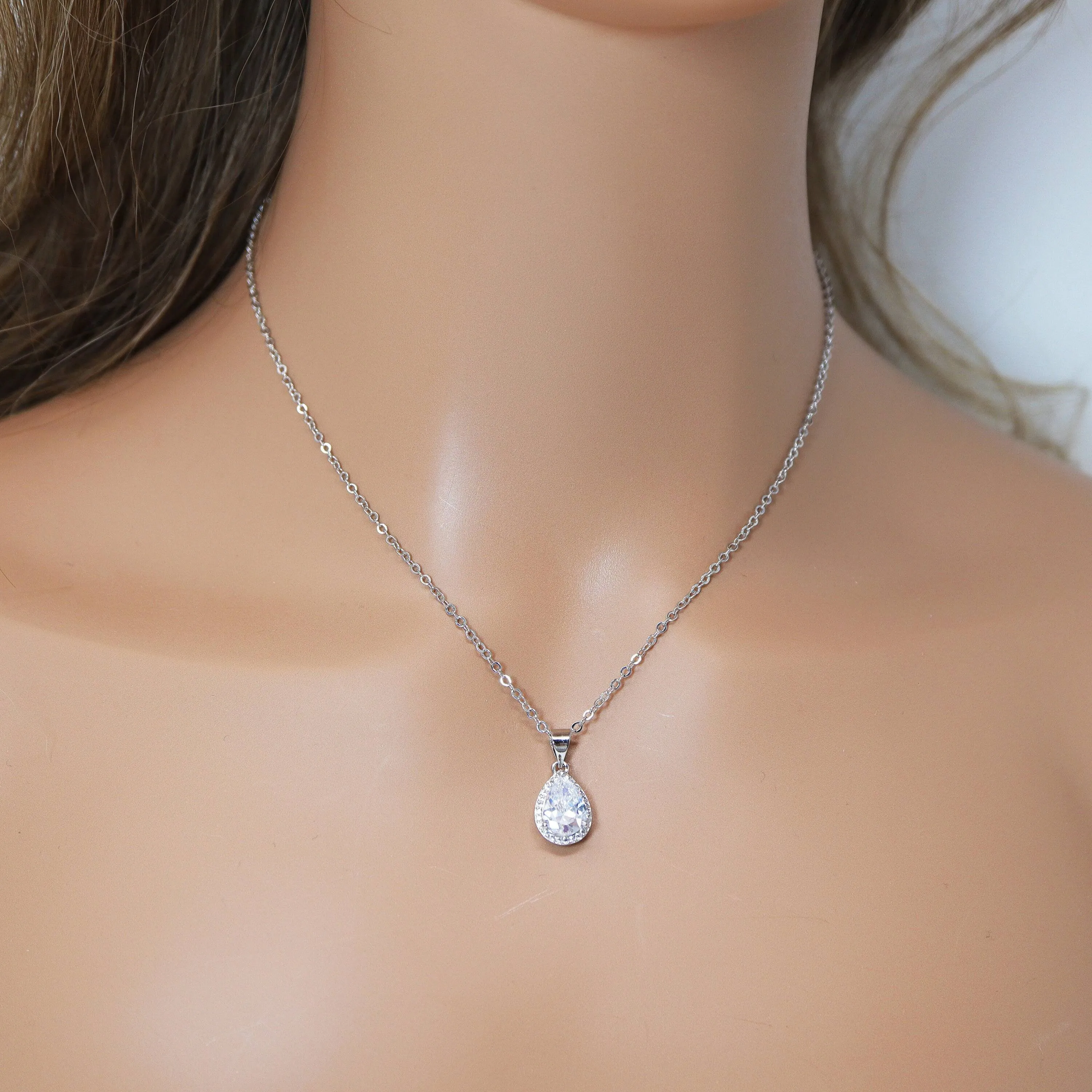 Swarovski Crystal Sterling Silver Dainty Teardrop Necklace And Earrings Set , Bridal Jewelry, Statement Earrings Cz, Necklace Set