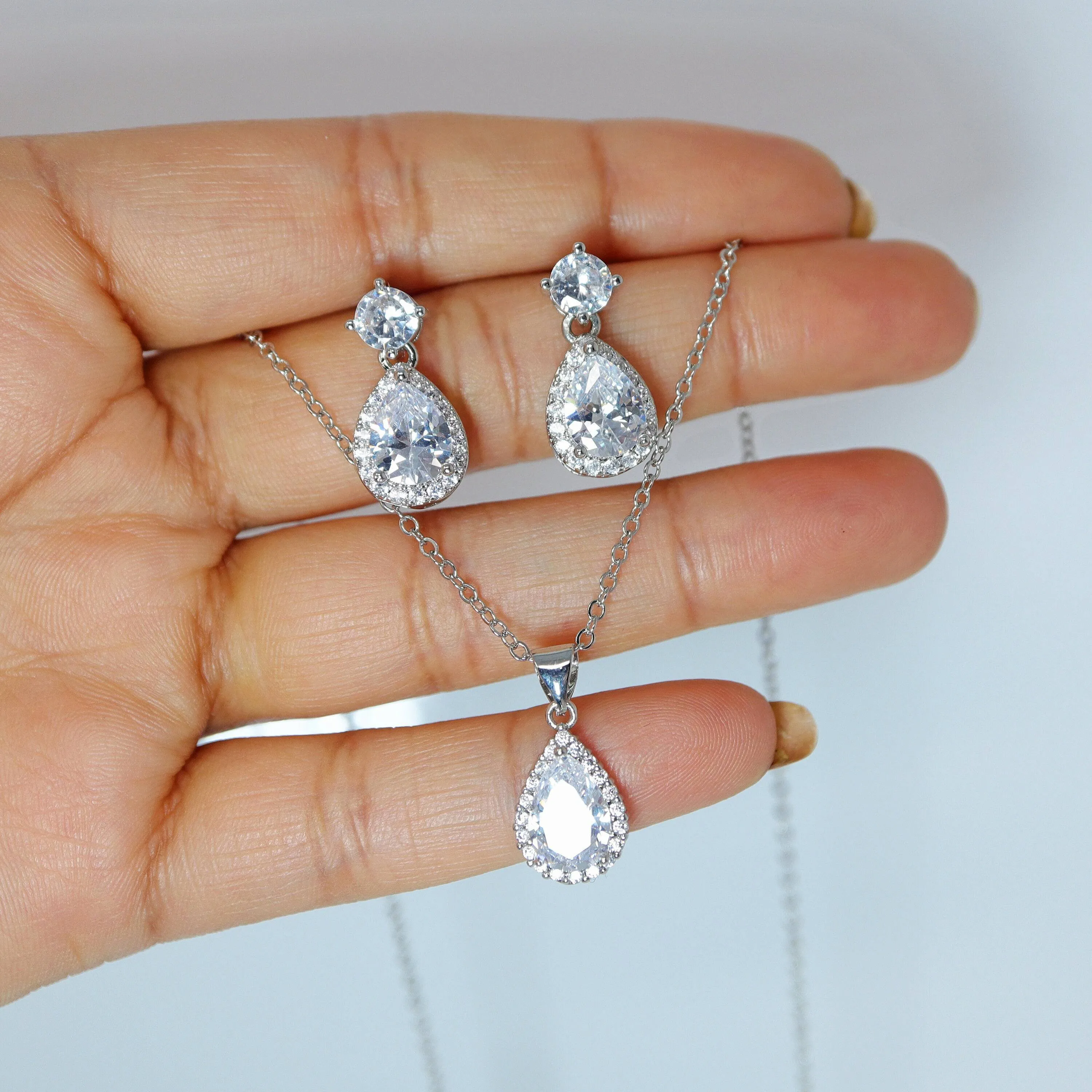 Swarovski Crystal Sterling Silver Dainty Teardrop Necklace And Earrings Set , Bridal Jewelry, Statement Earrings Cz, Necklace Set