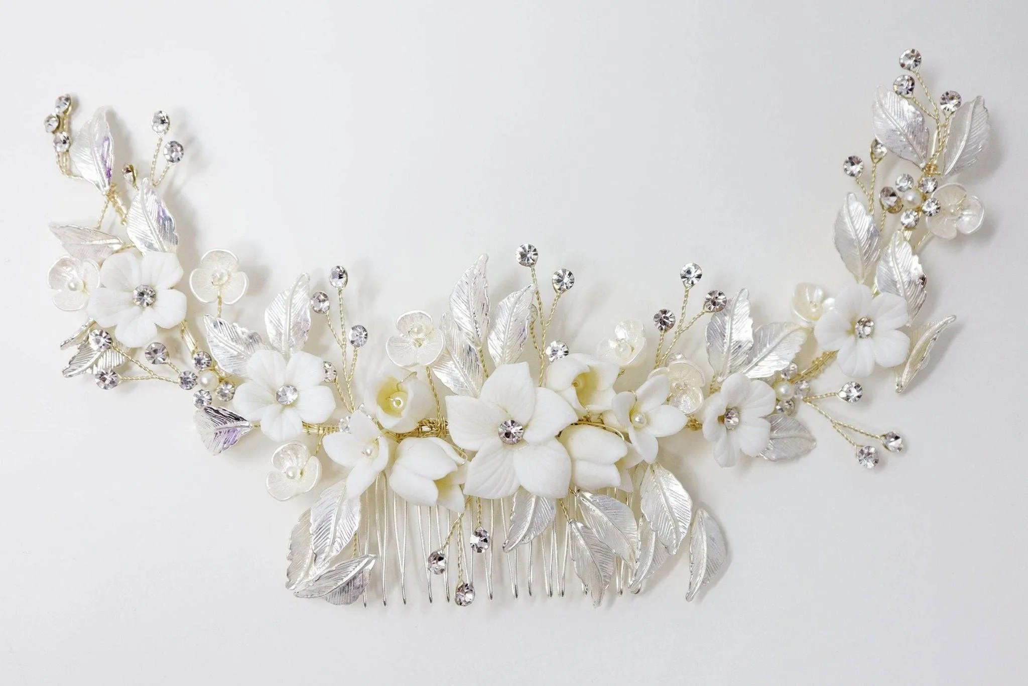 Swarovski Crystals Large Ceramic White flower Bridal Hair piece, Bridal Hair Accessories, Wedding Hair Accessory, Bridal Hair Comb.