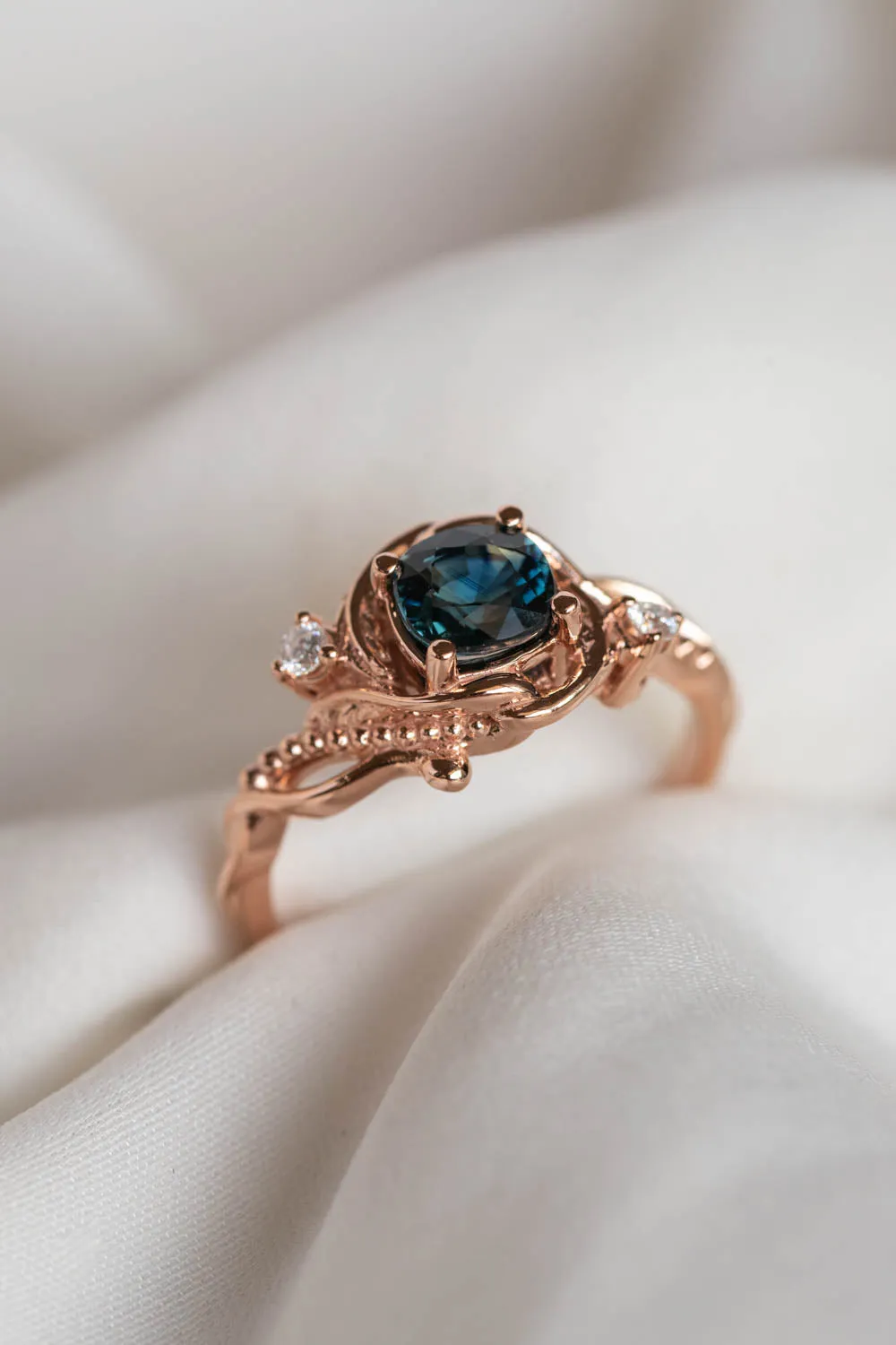 Teal sapphire cushion cut engagement ring, rose gold ring with diamonds / Undina