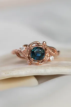 Teal sapphire cushion cut engagement ring, rose gold ring with diamonds / Undina