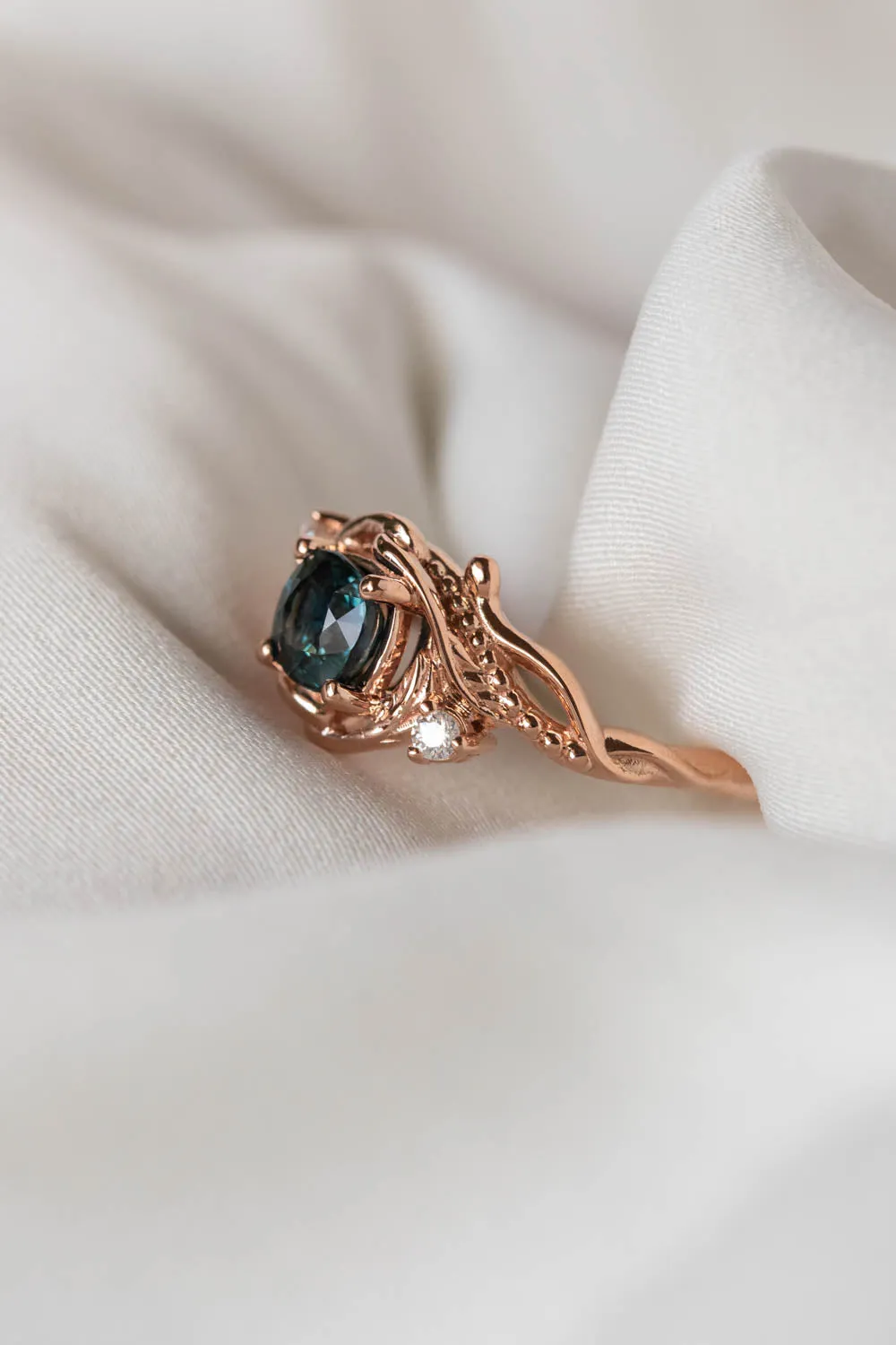 Teal sapphire cushion cut engagement ring, rose gold ring with diamonds / Undina