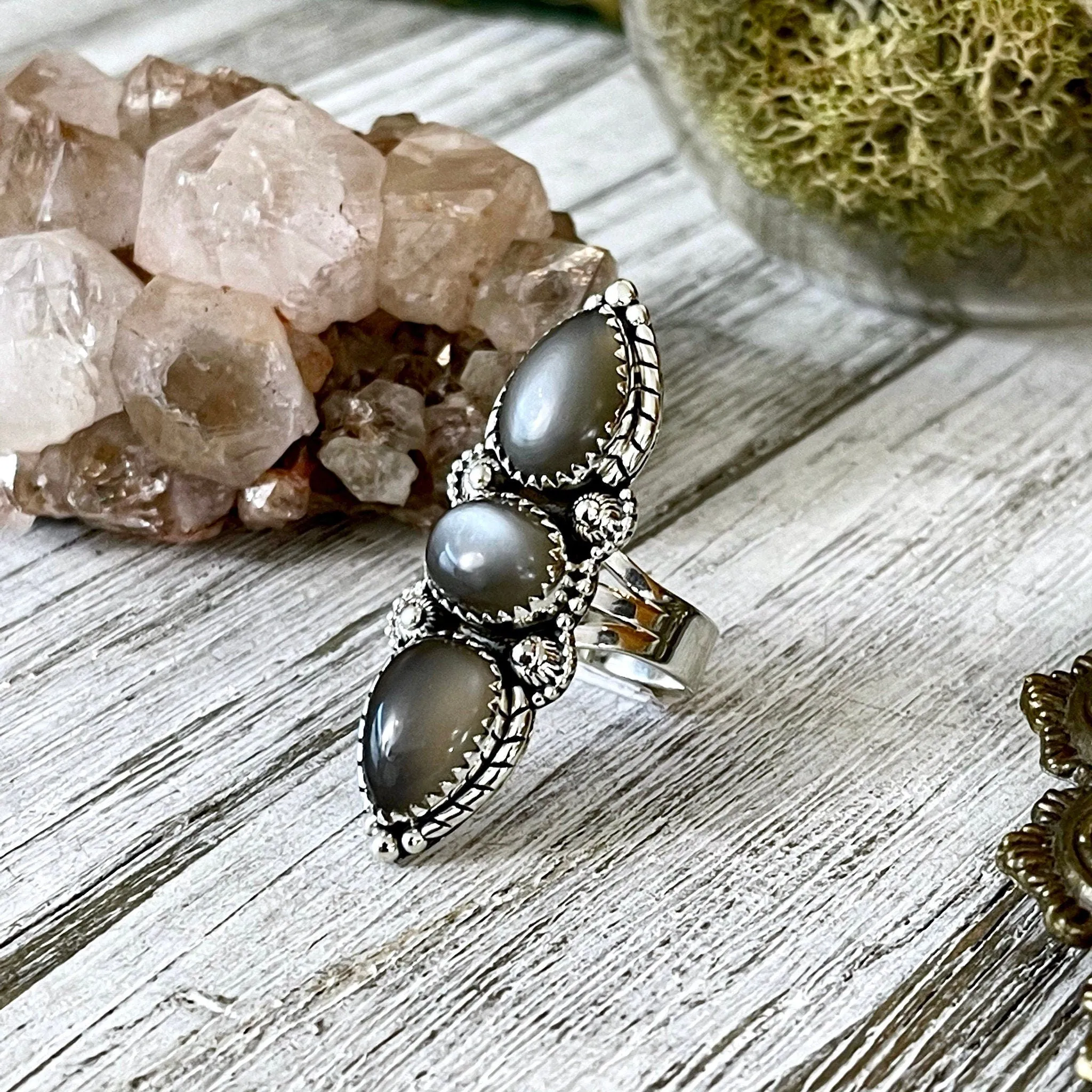 Three Stone Grey Moonstone Ring in Solid Sterling Silver- Designed by FOXLARK Collection Size 5 6 7 8 9 10 11 / Gothic Jewelry