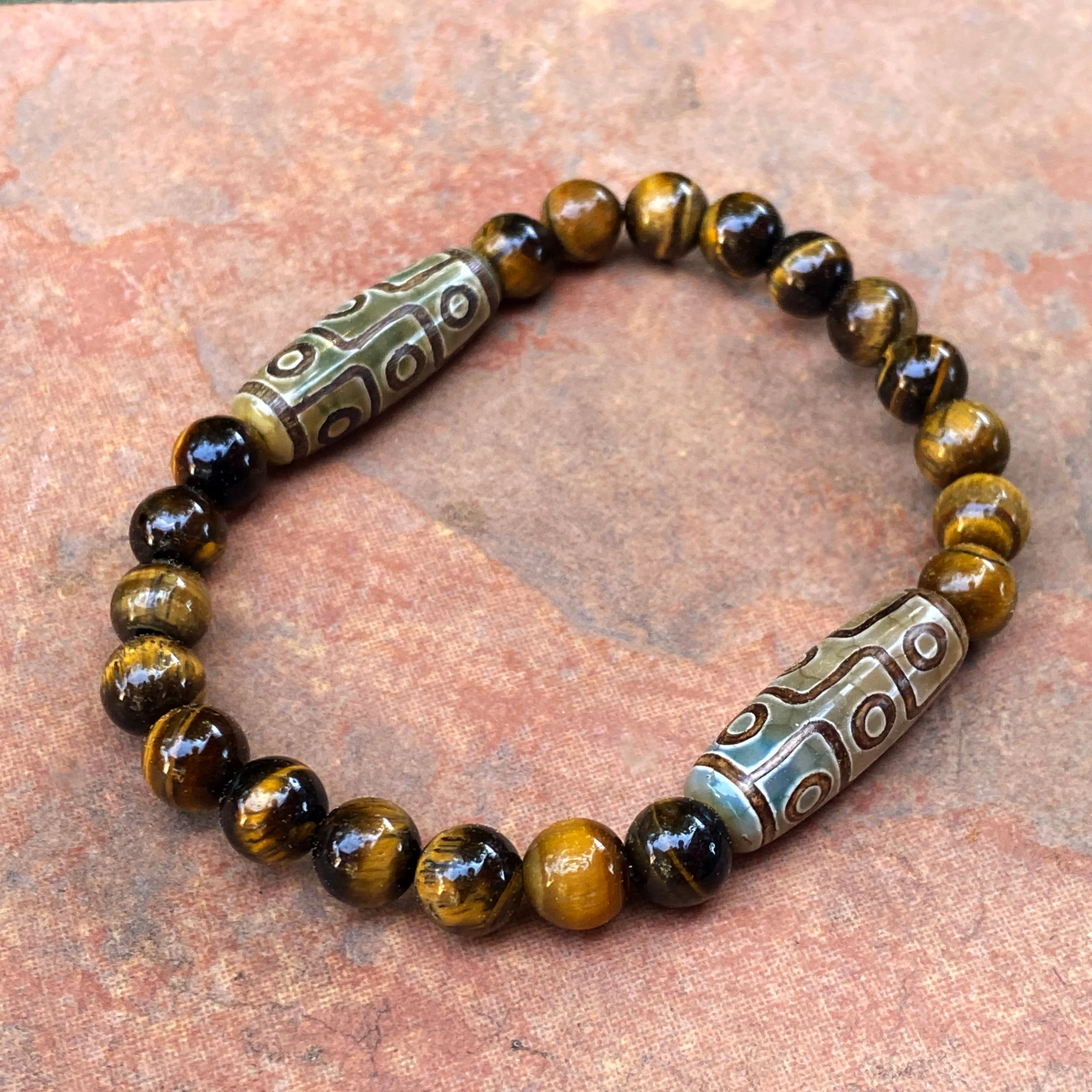 Tiger’s Eye and Tibetan Agate gemstone Beaded Stretch Bracelet