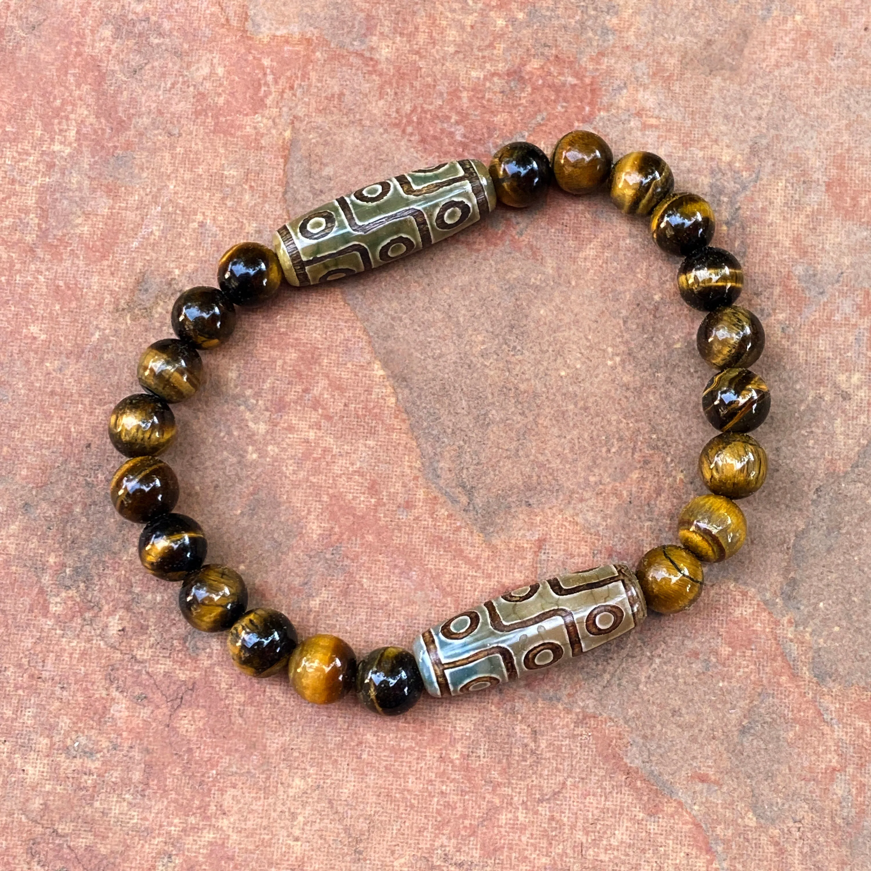 Tiger’s Eye and Tibetan Agate gemstone Beaded Stretch Bracelet