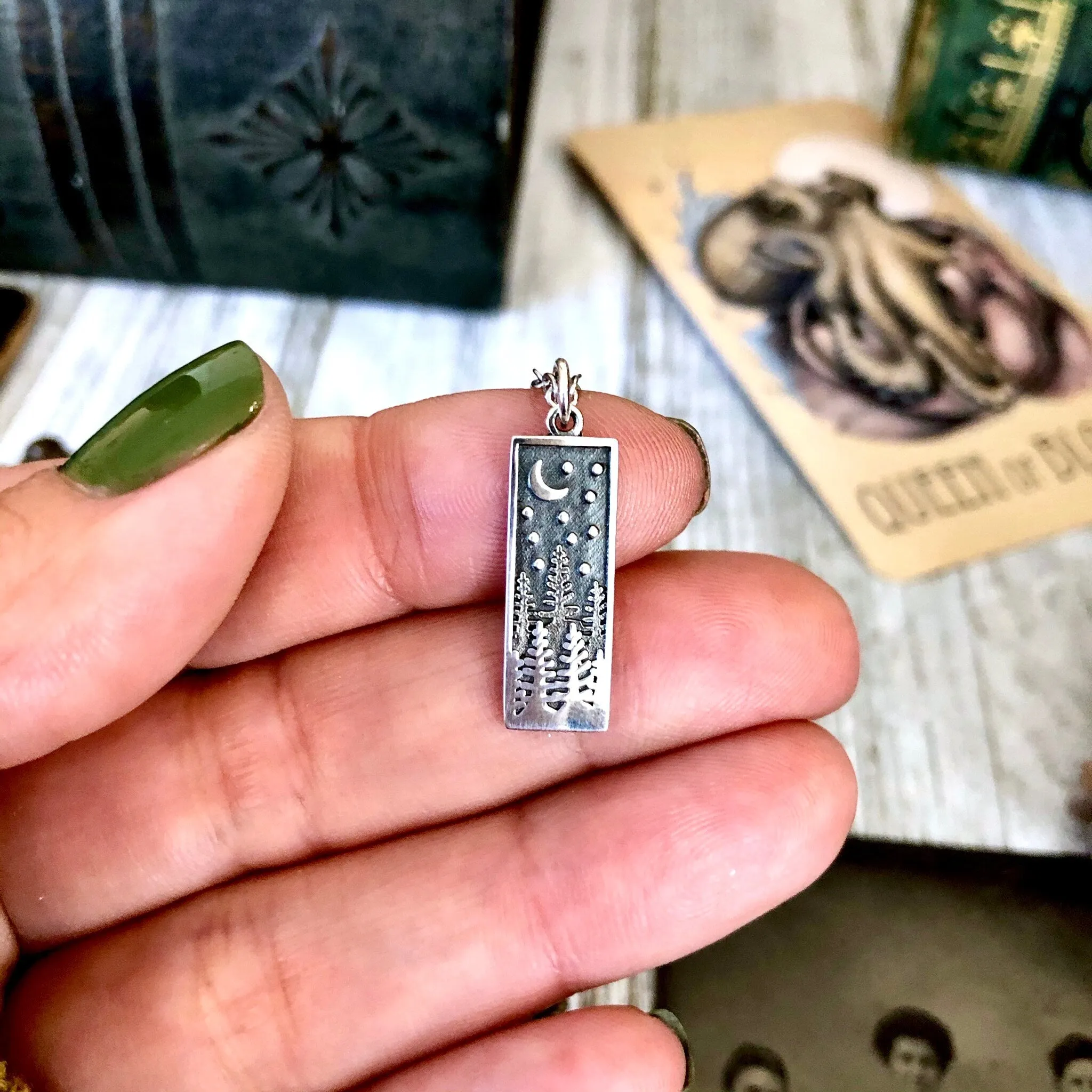 Tiny Talisman Collection - Sterling Silver Rectangle Pine Tree with Moon Necklace Pendant 23x8mm /