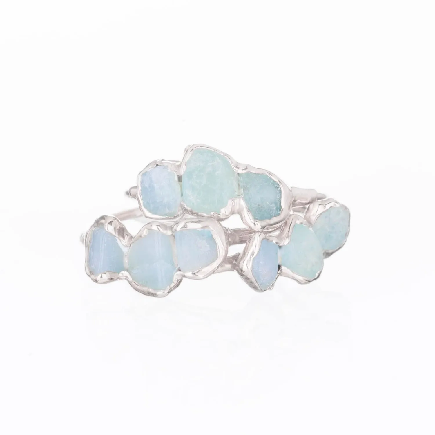 Triple Raw Aquamarine Ring in Sterling Silver, Smooth Stones