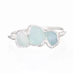 Triple Raw Aquamarine Ring in Sterling Silver, Smooth Stones