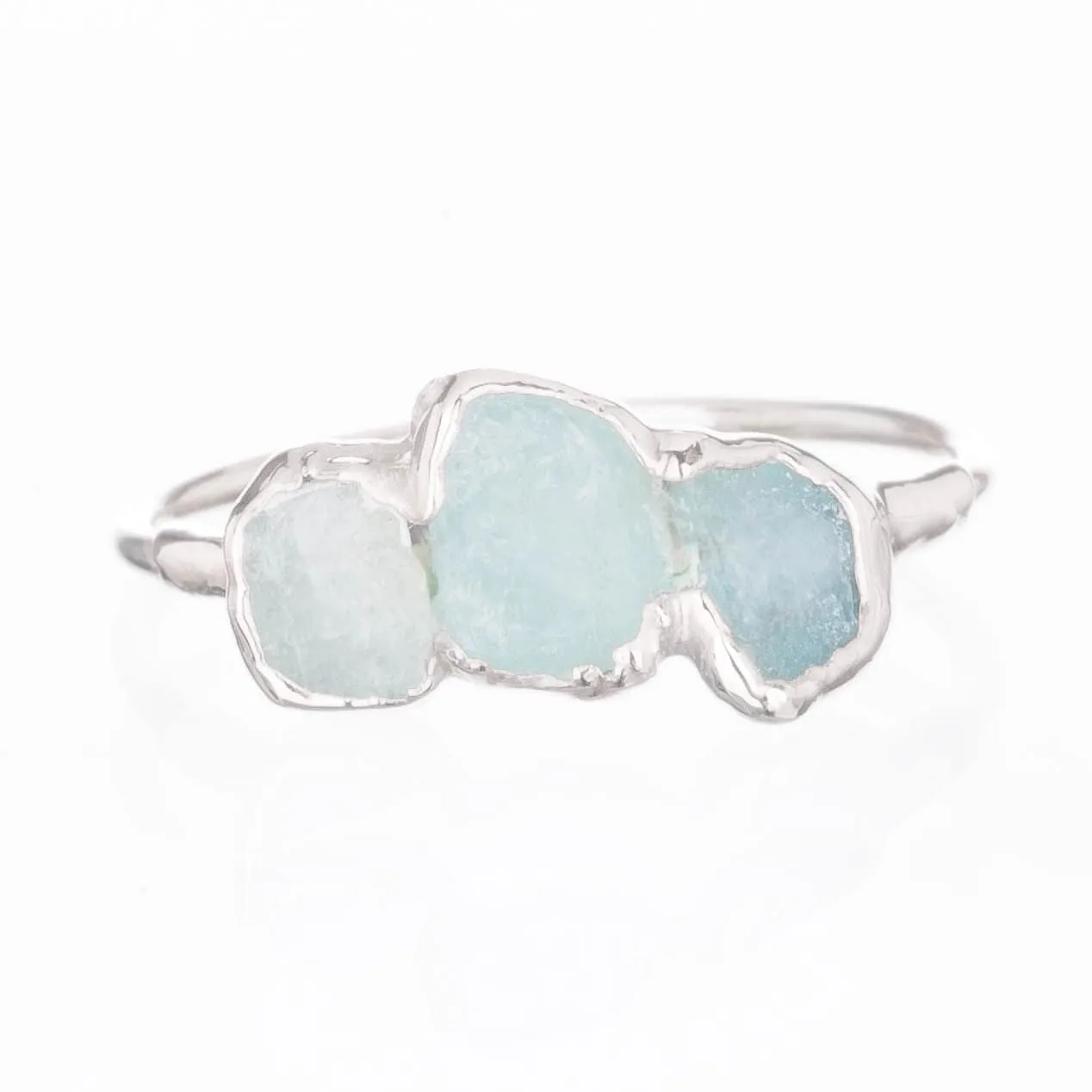 Triple Raw Aquamarine Ring in Sterling Silver, Smooth Stones