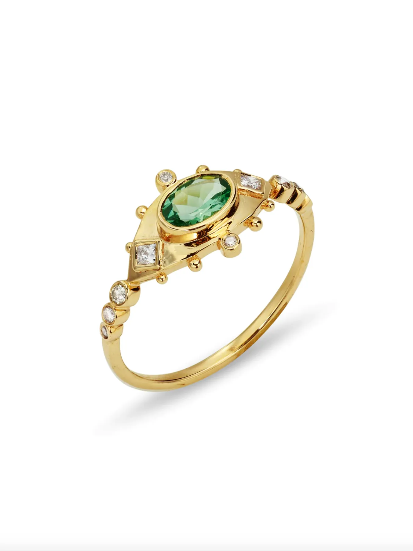 Turquoise Tourmaline & Diamonds Eye Ring - 14k Yellow Gold