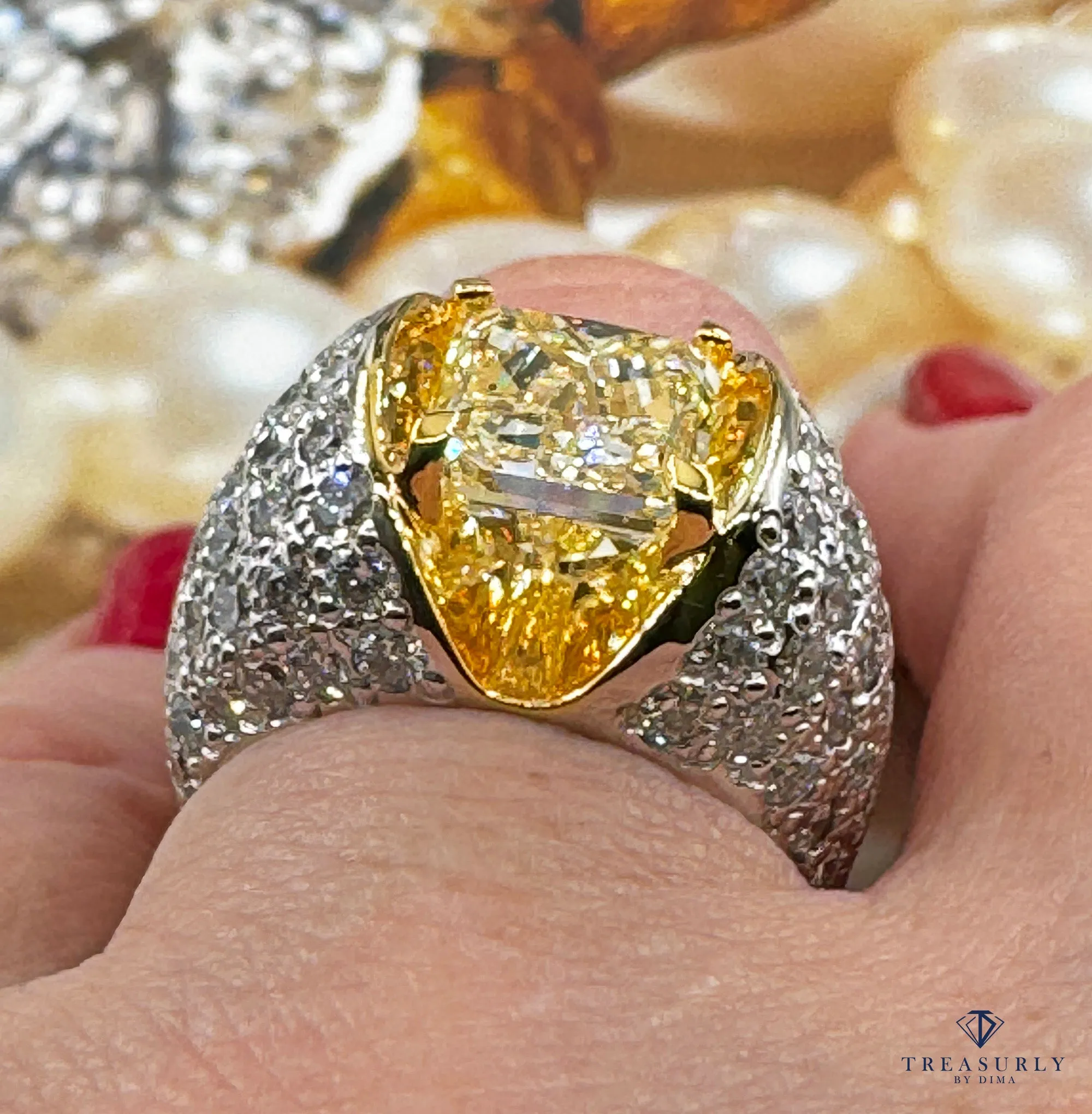 Vintage “Canary” GIA 7.02ctw Natural Fancy YELLOW Radiant Cut Diamond Dome 18K Ring