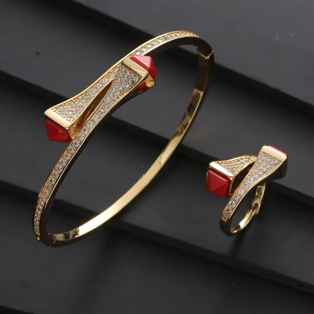 Women 2 Pcs Bracelet Ring Set Colorful Resin Gold Bangle Ring Wedding Party Jewelry Set