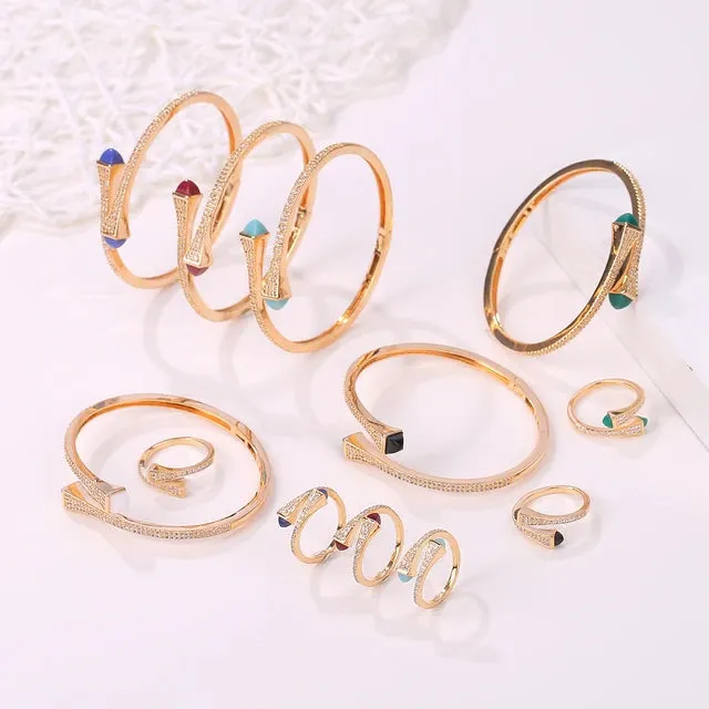 Women 2 Pcs Bracelet Ring Set Colorful Resin Gold Bangle Ring Wedding Party Jewelry Set