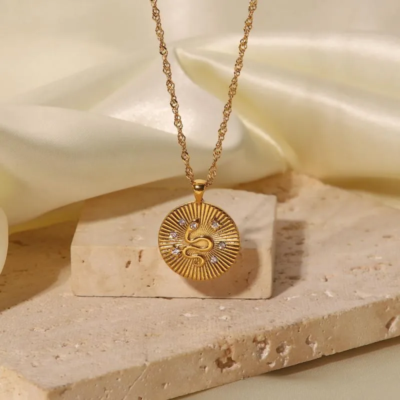 Women's 18k Gold Plated Star and Snake Disc Necklace