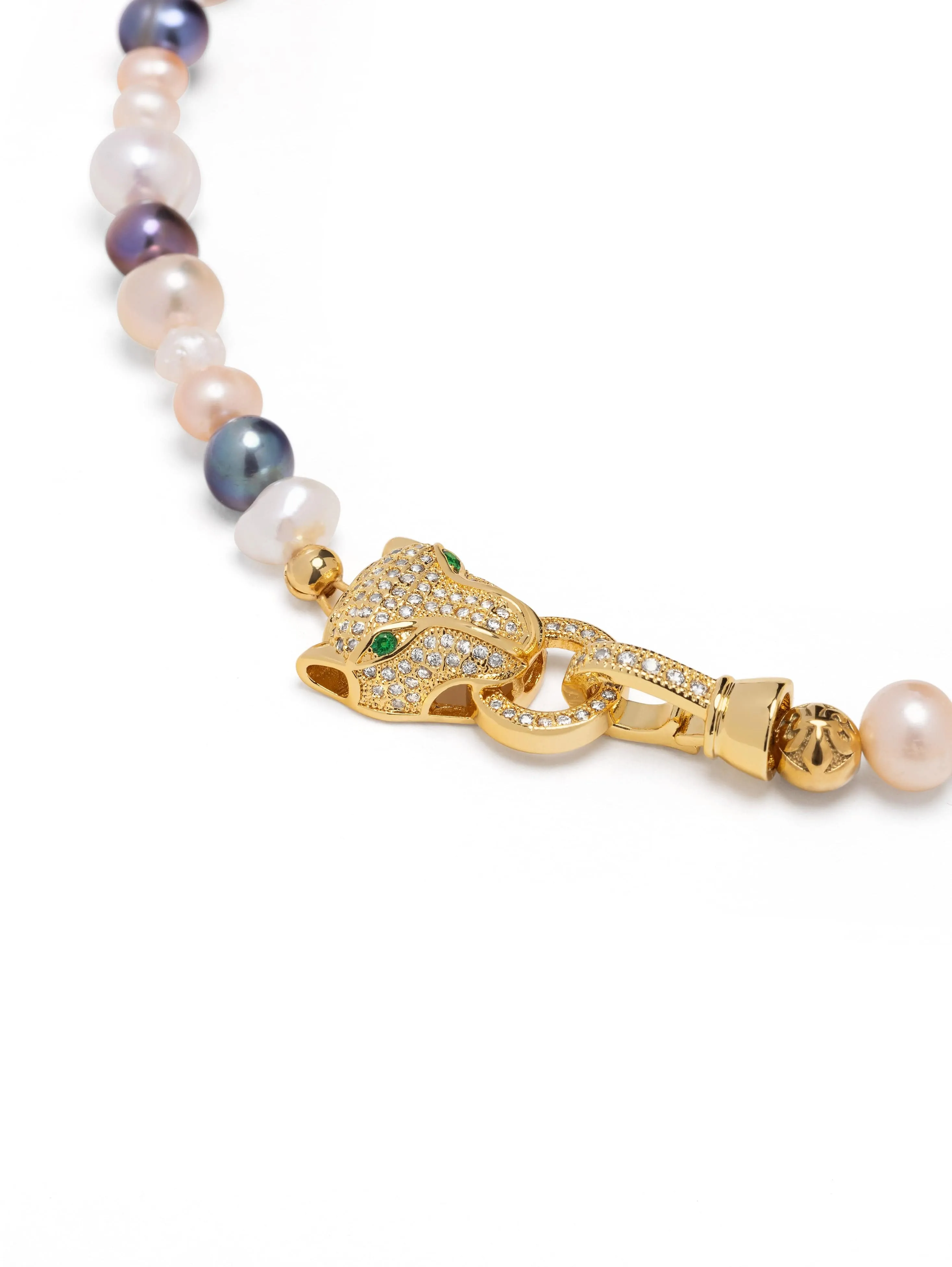 Women's Multi-Colored Pearl Choker with Gold Panther Head